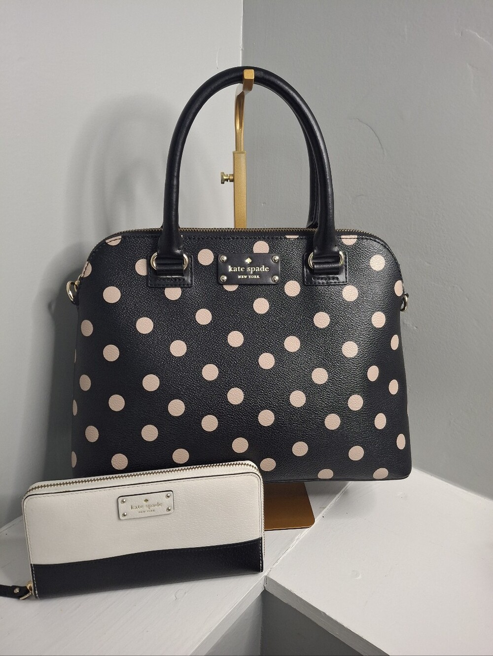 Kate Spade Black Pink Polka Dot Satchel Bag & Wallet Set